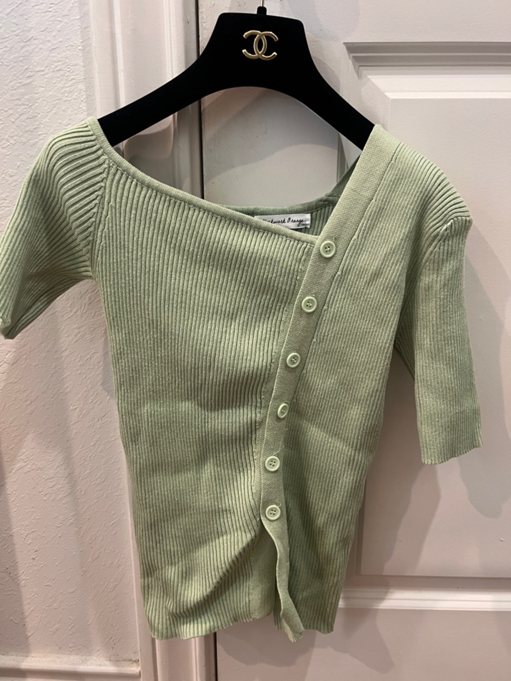 Asymmetric Button-Front Ribbed Top - Light Sage Green